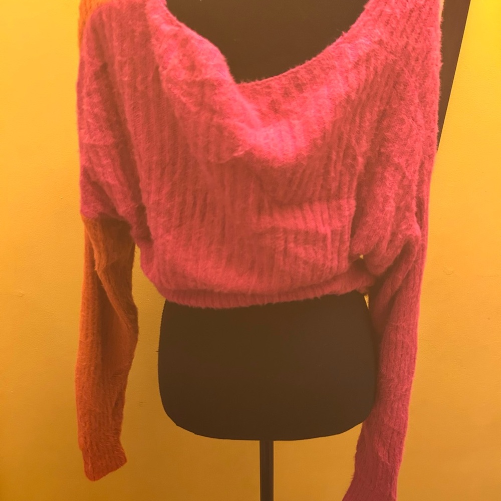 Fuzzy Orange Magenta Crossover Sweater Size L - Picture 2 of 4